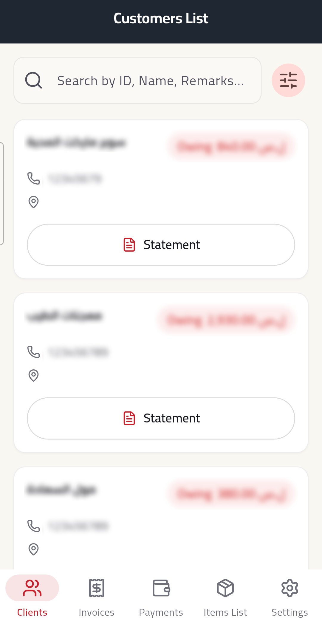 Bazarsoft field sales app for Android: the customer list, with each customer's balance, phone number and location